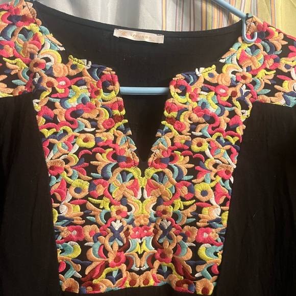 KIRUNDO Women’s black with embrodiey Mini Dress V Neck Bohemia Dress sz XL - Picture 4 of 12